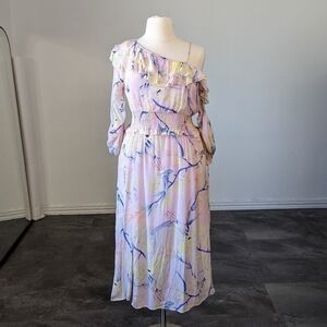 H&M One Shoulder Ruffle Floral Midi Dress Pink 12 bohemian boho summer wedding